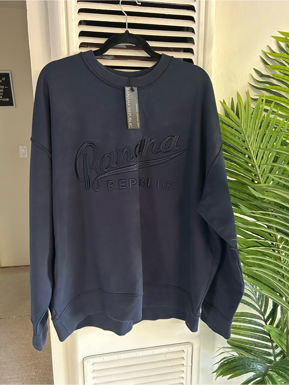 Banana Republic Men's Navy Crewneck Sweatshirt with Tonal Embroidered Logo